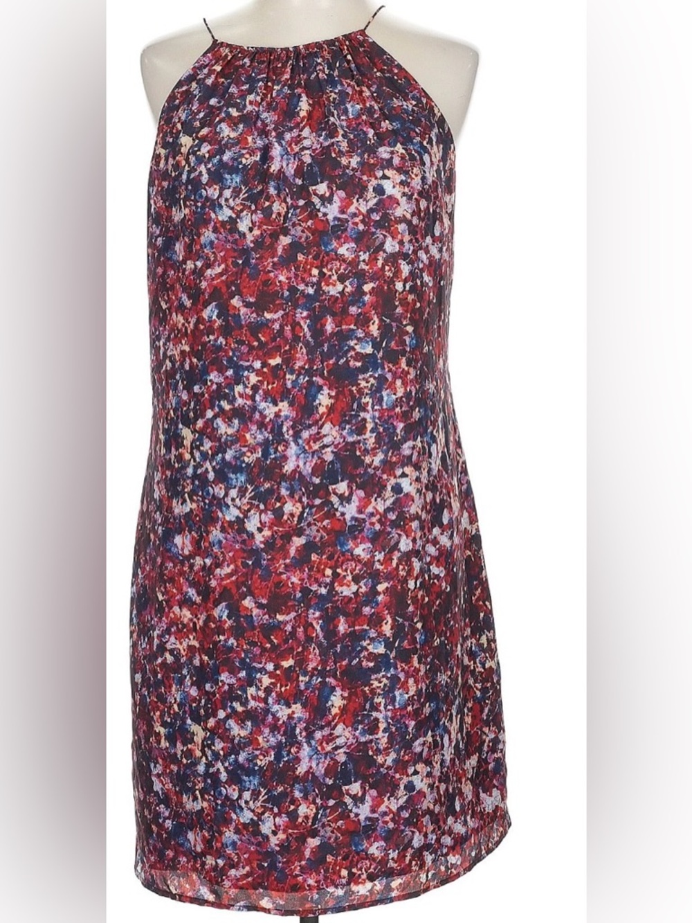 DKNY Red and Blue Halter Mini Dress with Abstract Floral Print
